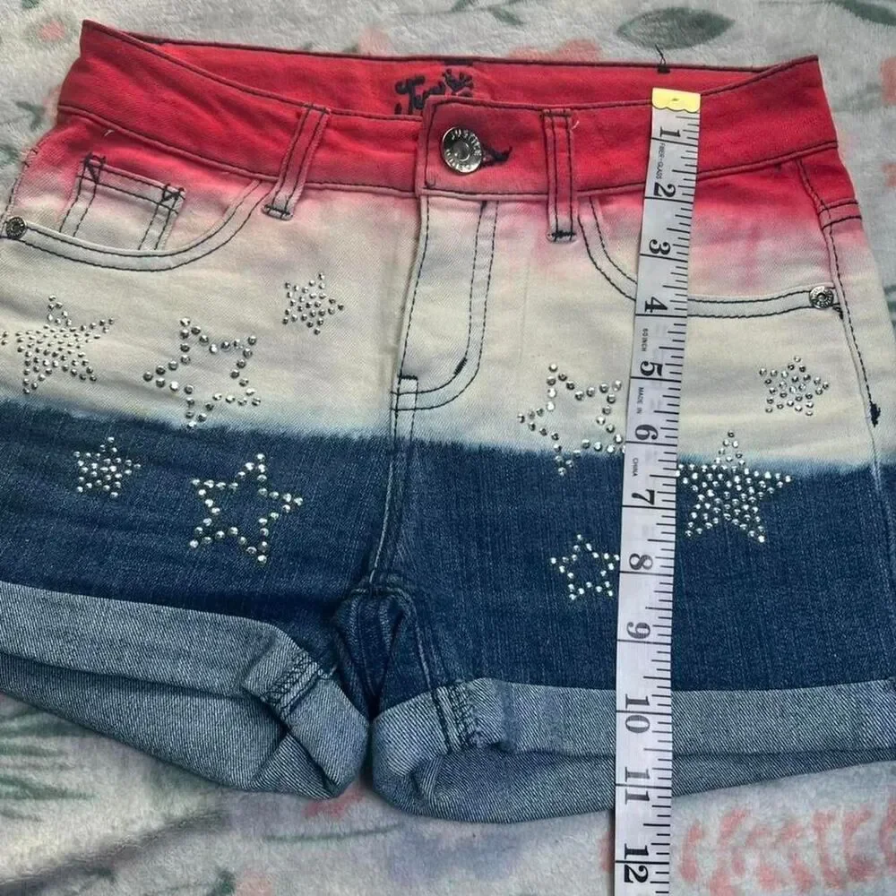 Justice Patriotic Red White Blue Ombre Denim Shorts 12S Rhinestones Y2K Kidcore